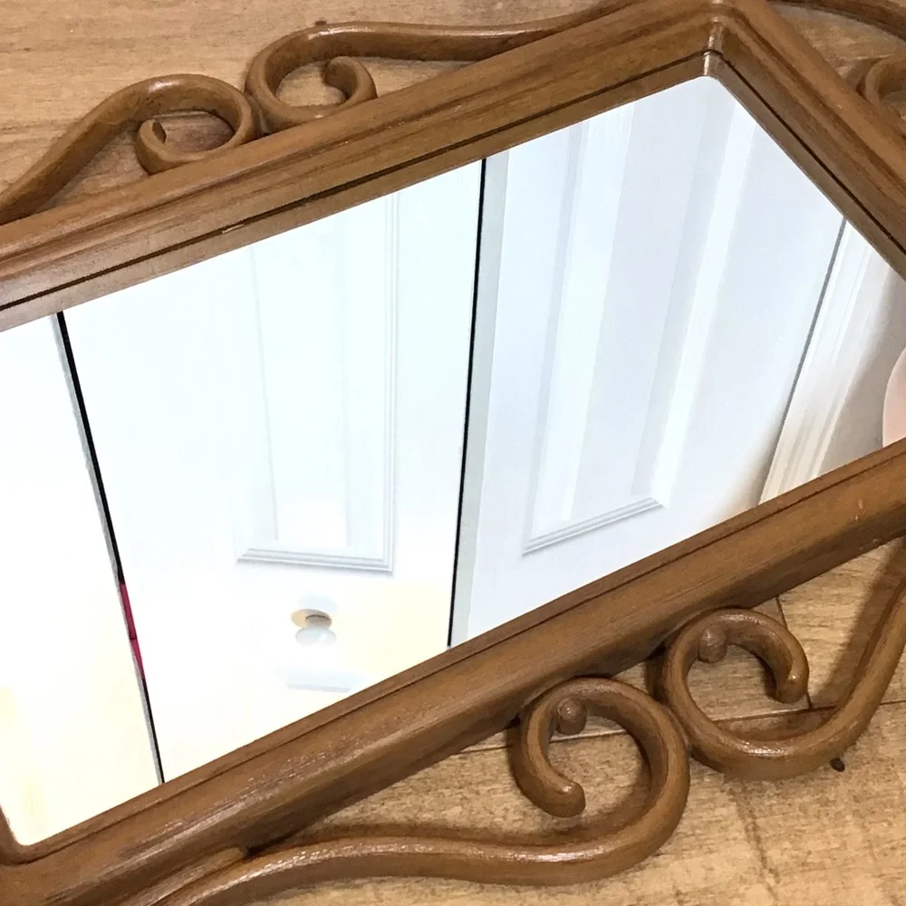Vintage Homco Syroco Faux Wood Rattan Wall Mirrors Set Pocket Planter Shelf 1981